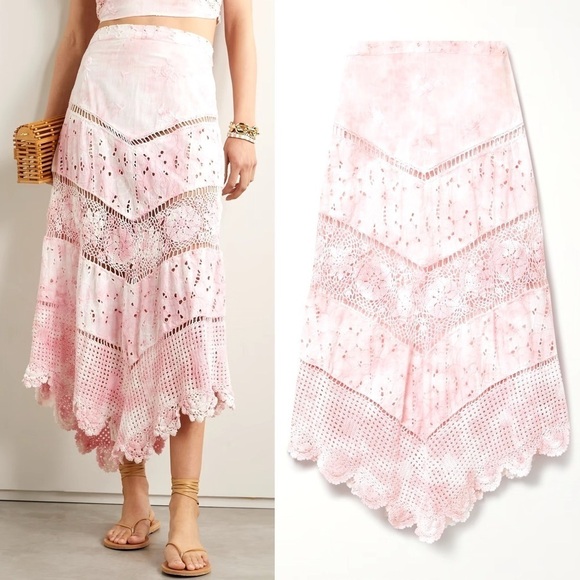 LoveShackFancy- Garcelle Asymmetric Tie Dyed Broderie Anglaise Midi Skirt Size 4 - Picture 1 of 9